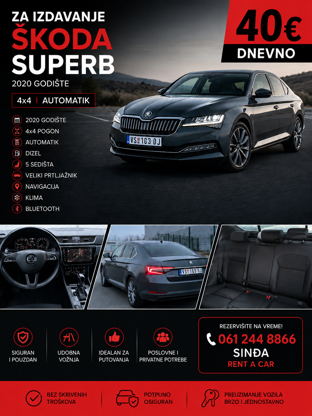 Škoda Superb 2020 za iznajmljivanje u Vršcu, rent a car Sinđa