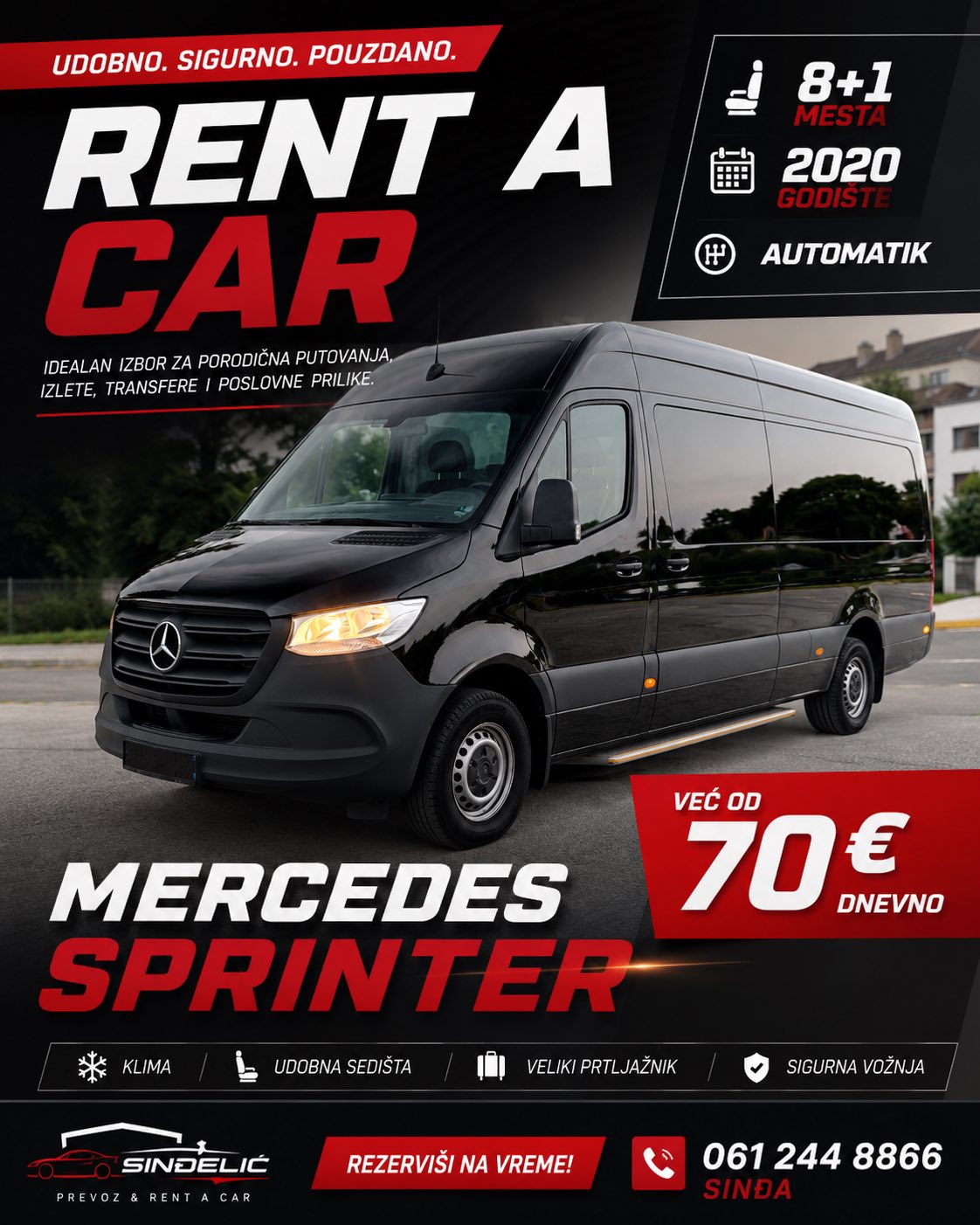 Mercedes Sprinter kombi 8 + 1 za iznajmljivanje u Vršcu, rent a car Sinđa